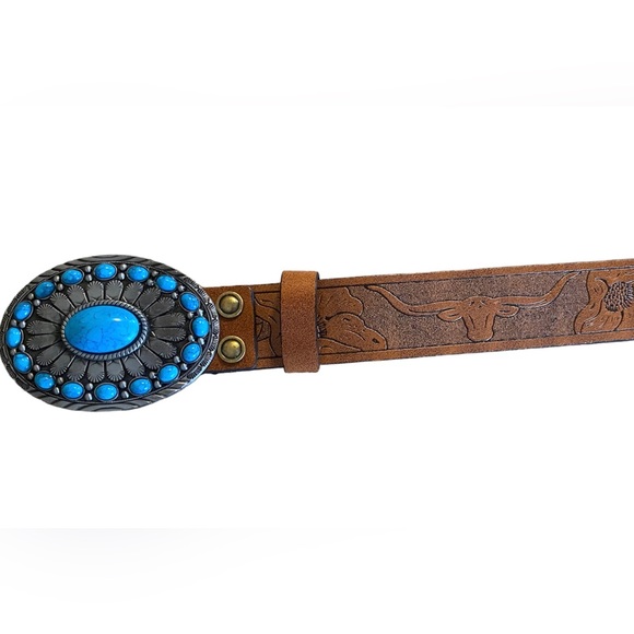 Turquoise Stone Embossed Brown Leather Western Belt With Silver Metal BuckleNew - Picture 7 of 15